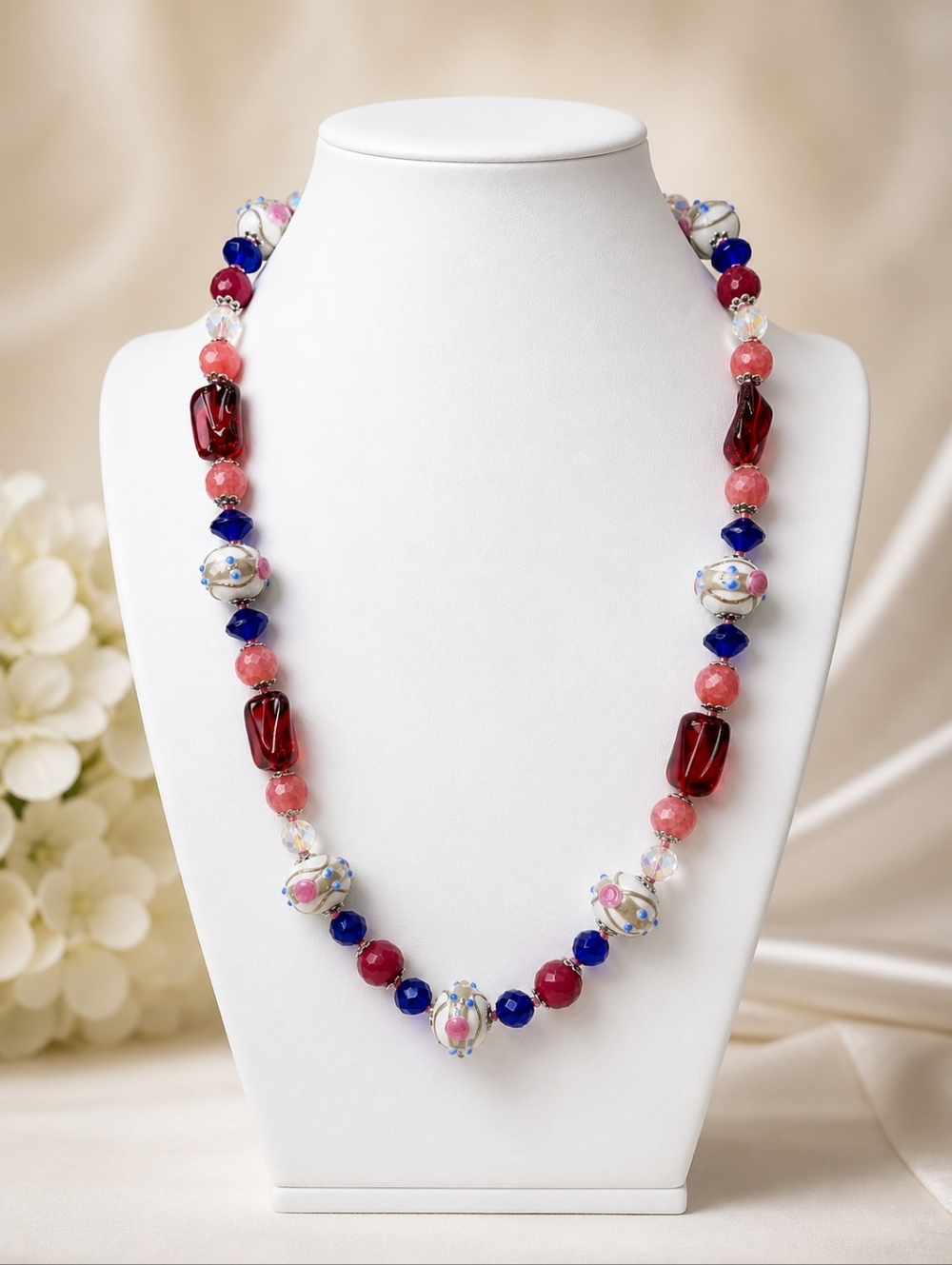 Silver White Wedding Cake Crystal 24 In Strawberry Quartz Hand Knotted Necklace
